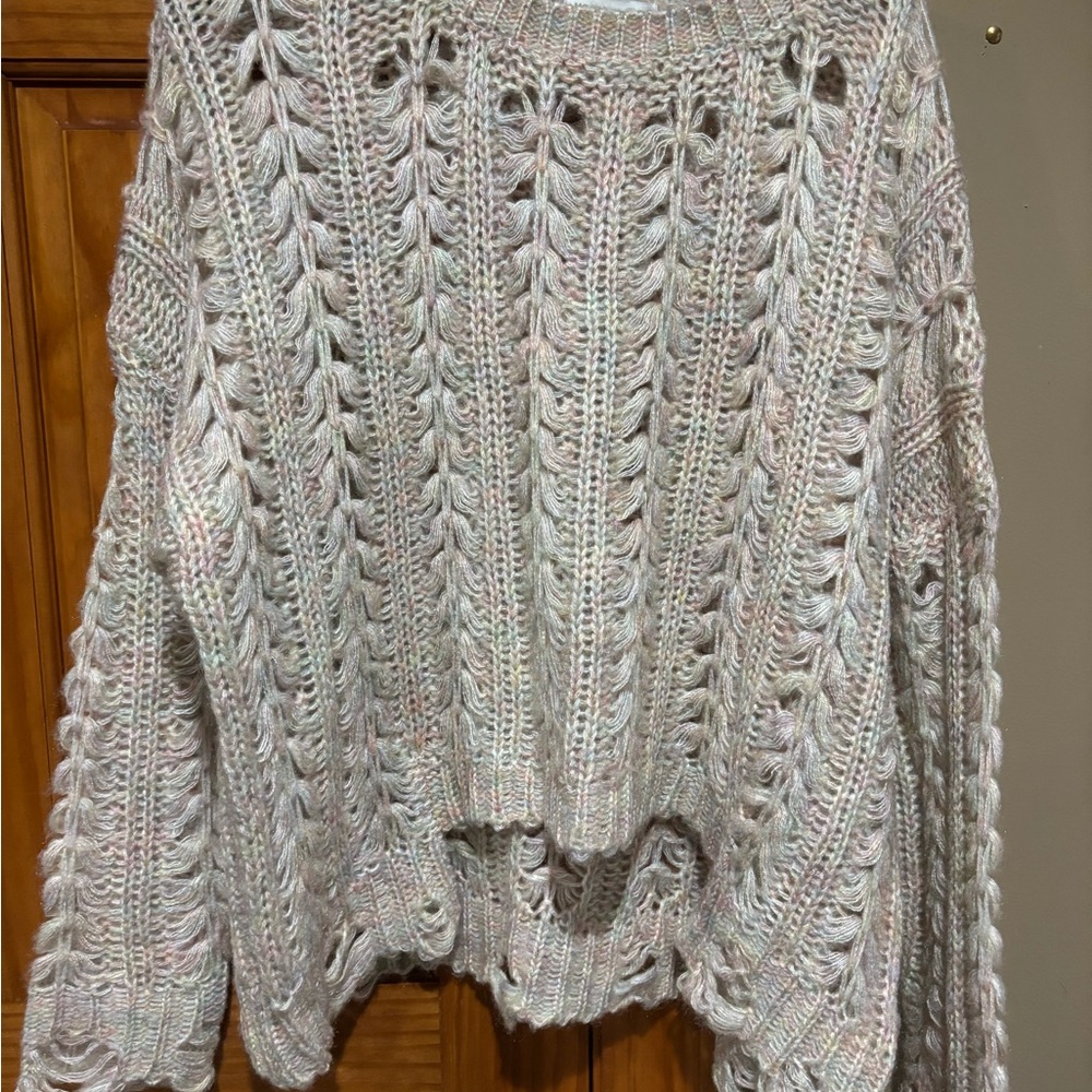 Women’s Cream, Blue + Pink Crew Neck Distressed Sweater